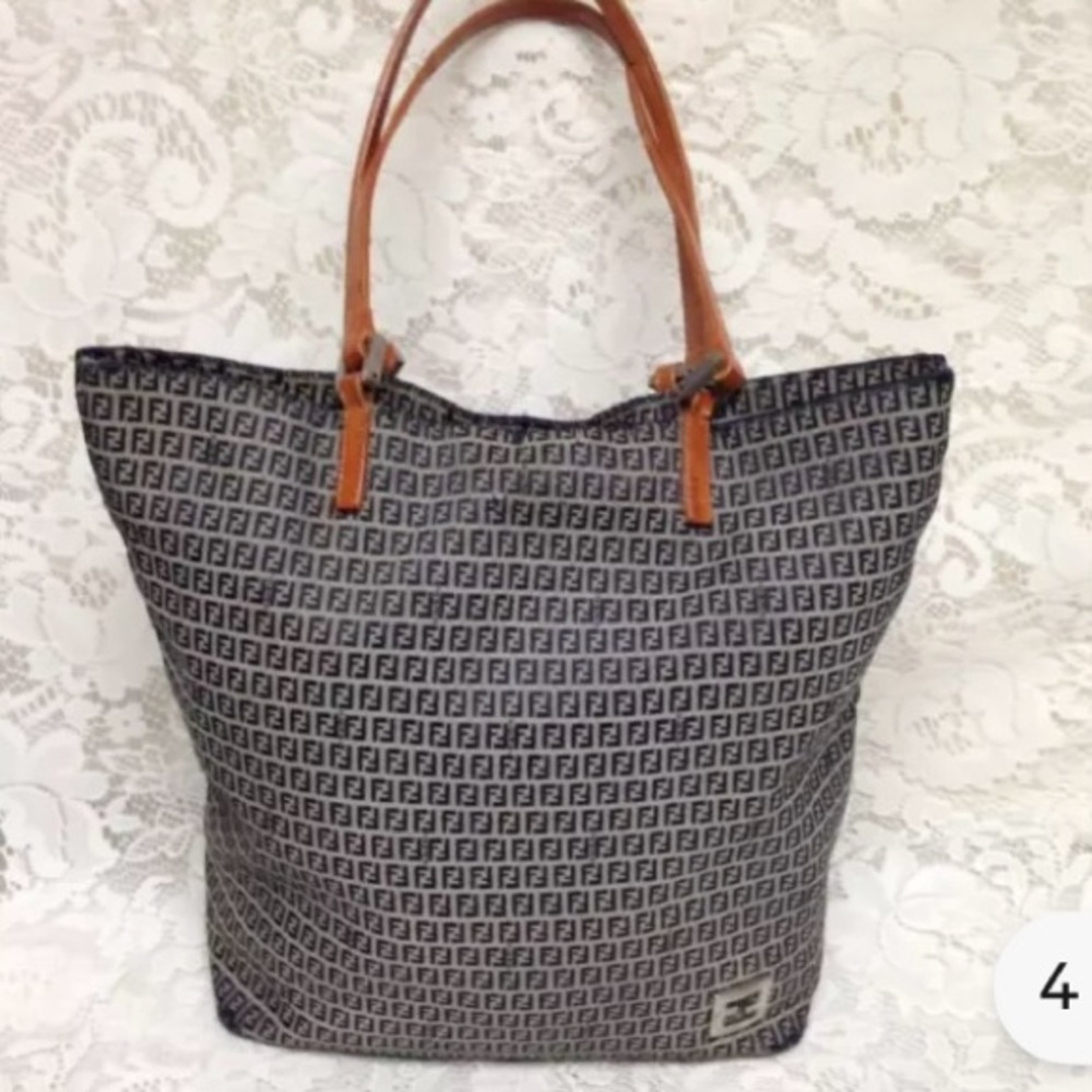 Authentic Fendi, Blue Zucchino with Leather Handle 11in x 9in x 5in